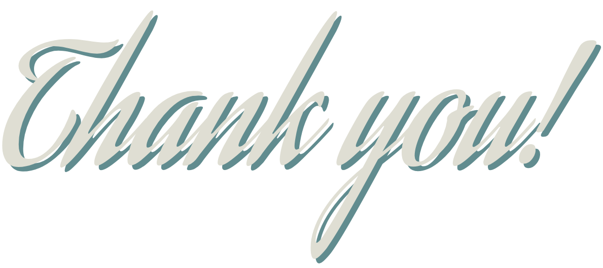 Stylized text that says "Thank you!" in a cursive font with a shadow effect.