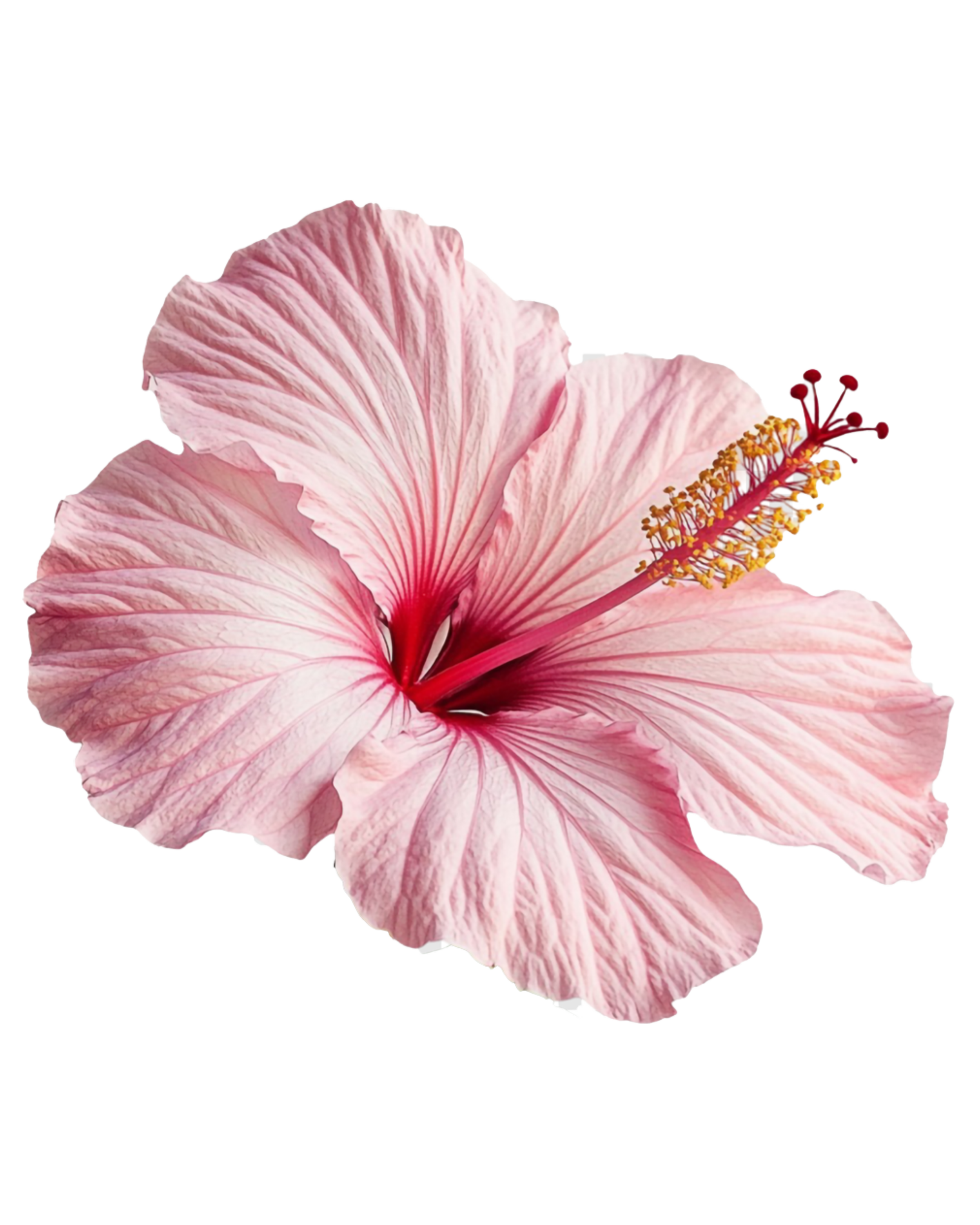 Close-up of a pink hibiscus flower with large petals and a prominent yellow-tipped staminal style.