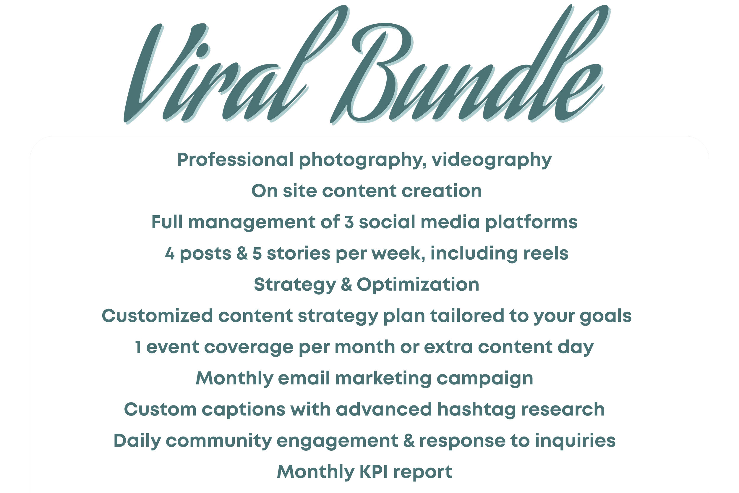 Design promoting a service bundle for viral marketing, including photography, videography, on-site content creation, social media management, and marketing strategies.