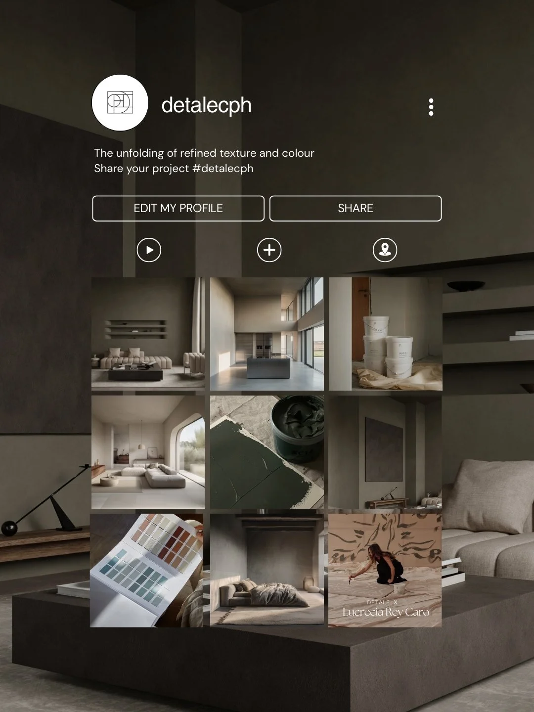 Screenshot of an Instagram profile page for detalecph featuring interior design images and a color palette. The profile shows a minimalist design style with modern furniture and neutral tones.