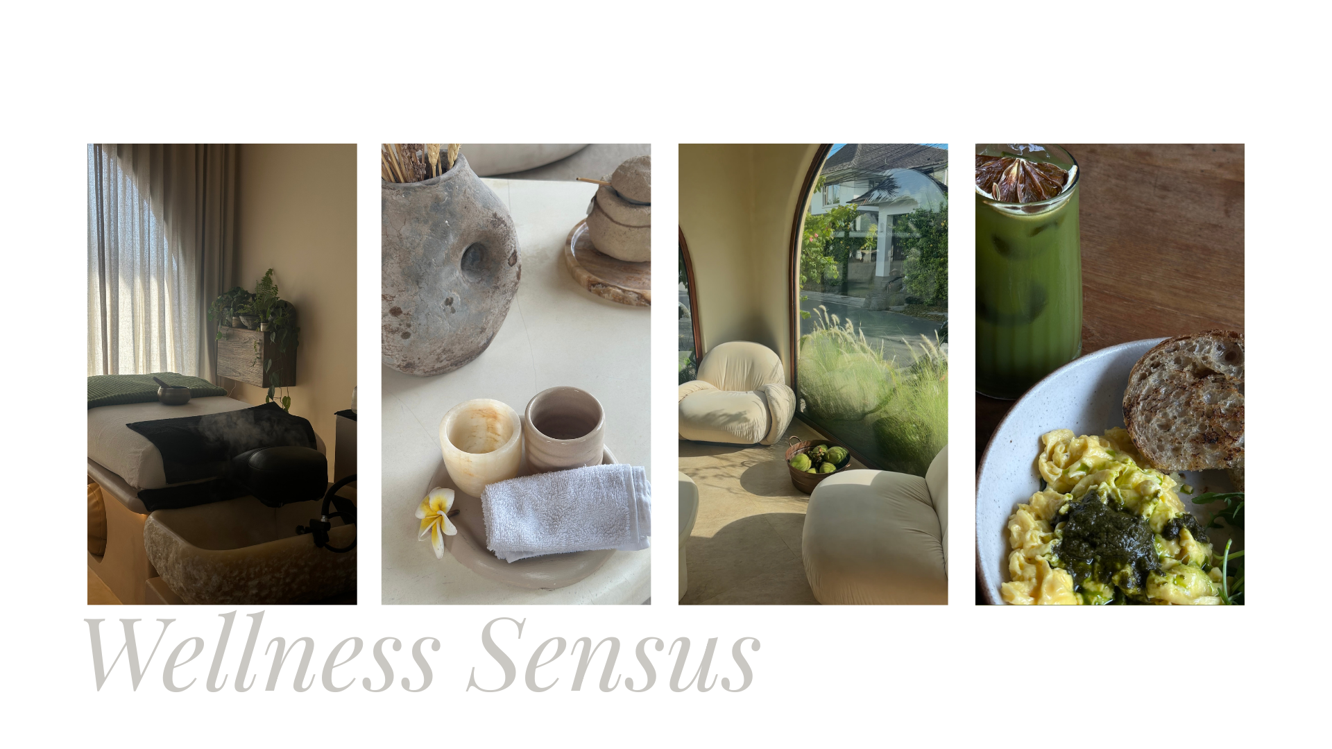 A promotional collage for Wellness Sensus, featuring four images: a cozy bedroom with a bed and window curtains, a table with spa items including a stone vessel, candles, and a towel, a sunlit lounge with white chairs and a large window overlooking a garden, and a breakfast plate with scrambled eggs, bread, and a green iced beverage, along with text indicating a bundle price of 29 euros.