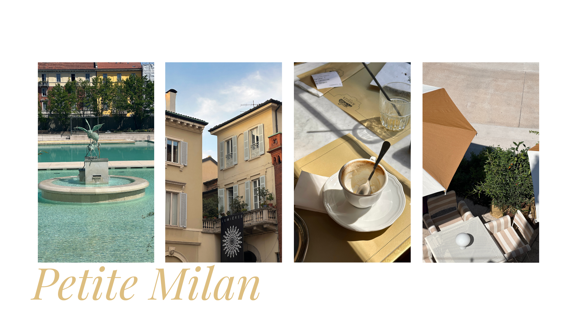 A collage of four images: a fountain with a sculpture, the facade of a European-style building, a table with a coffee cup and glass of water, and an outdoor patio with chairs, plants, and umbrella.