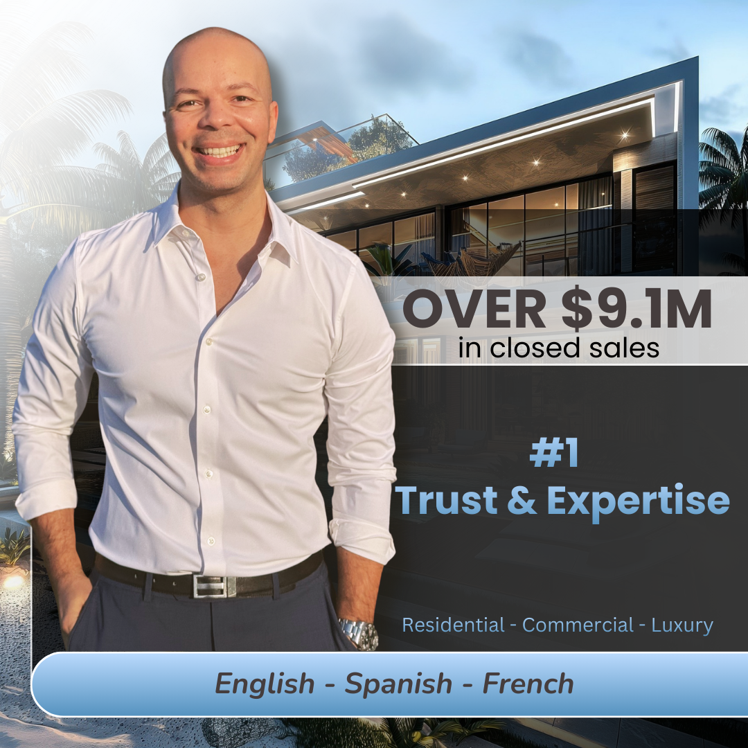 A smiling man in a white dress shirt and dark pants standing in front of a modern house with large windows and a tropical landscape, with text overlay highlighting real estate sales achievement over $9.1 million, emphasizing trust and expertise, offering services in residential, commercial, and luxury properties, and available in English, Spanish, and French.