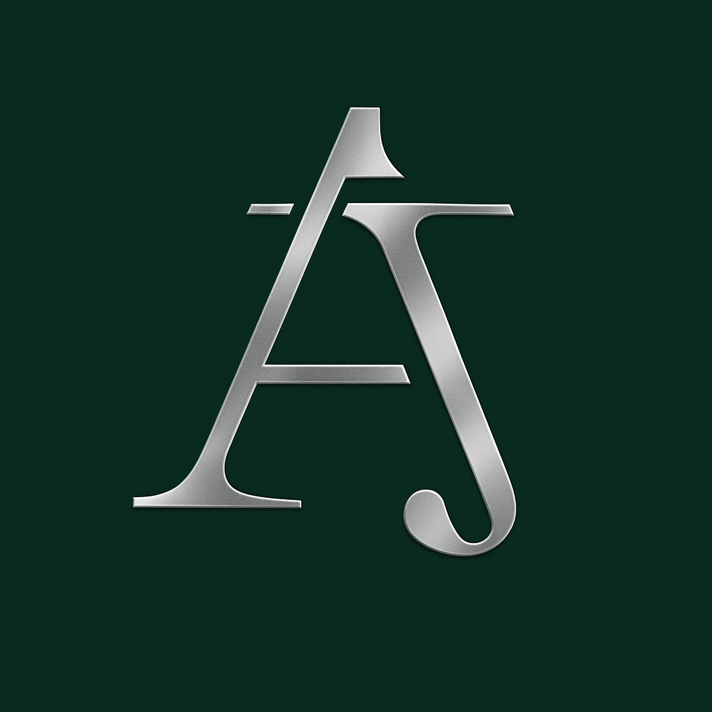 Elegant metallic logo featuring the letters 'A' and 'J' on a dark green background.