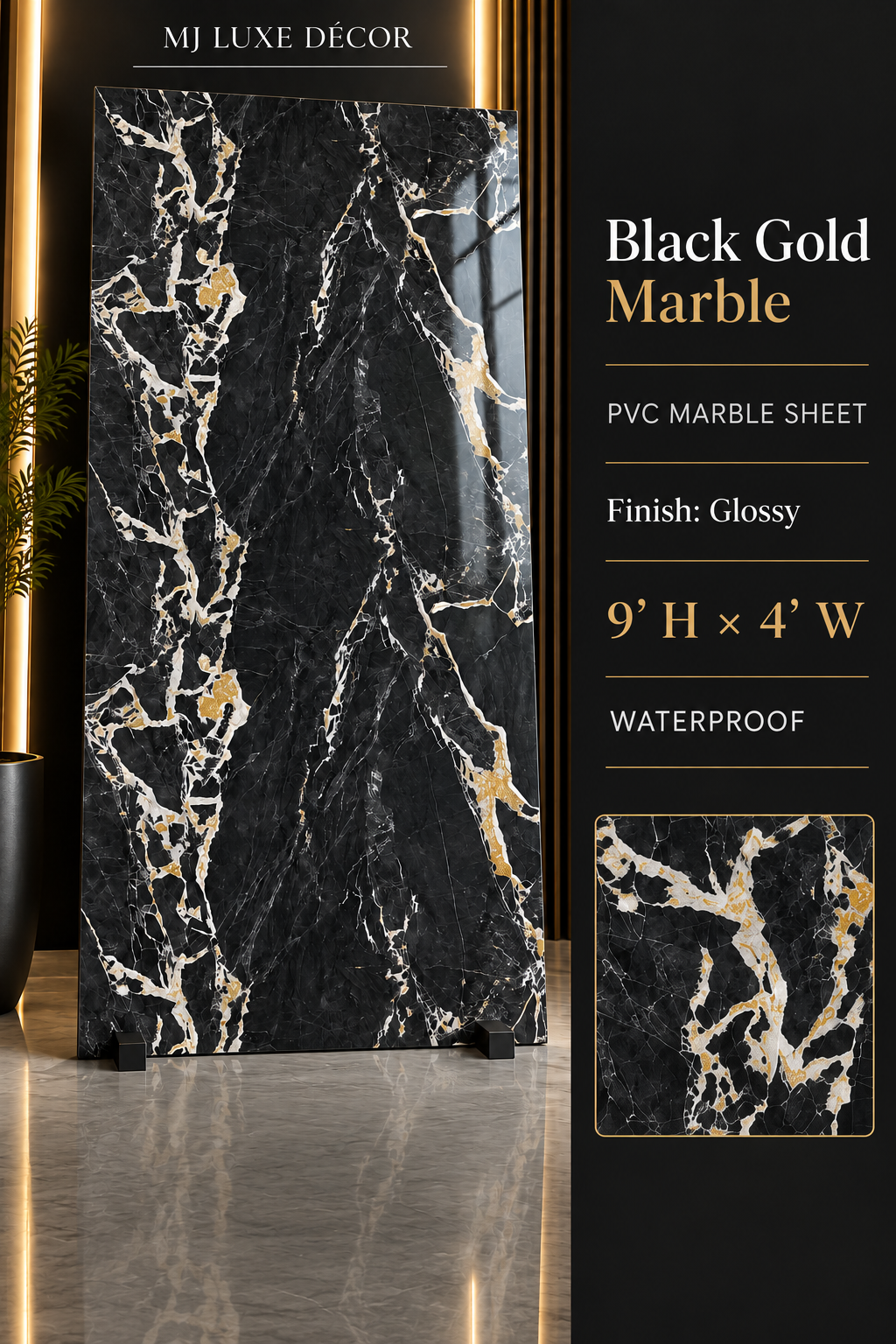 MJ Luxe Décor Black Gold Marble PVC Marble Sheet — Glossy finish — 9' H × 4' W — Waterproof — $120 each