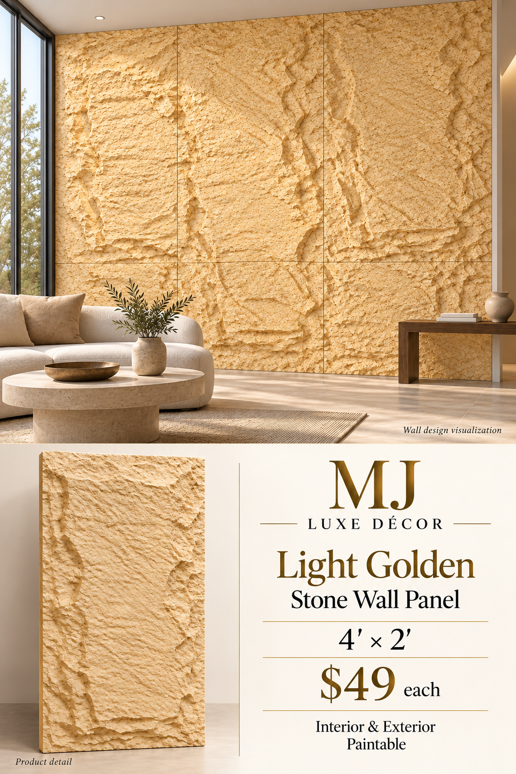 MJ Luxe Décor – Light Golden Stone Wall Panel – product detail and complete wall visualization – 4 feet × 2 feet – $49 each – Interior & Exterior – Paintable