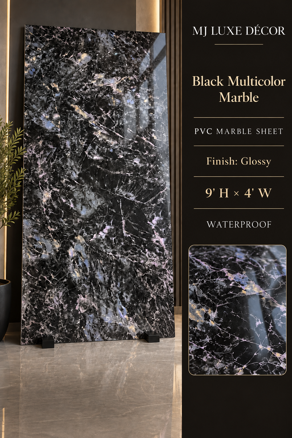 MJ Luxe Décor Black Multicolor Marble PVC Marble Sheet — Glossy finish — 9' H × 4' W — Waterproof — $120 each