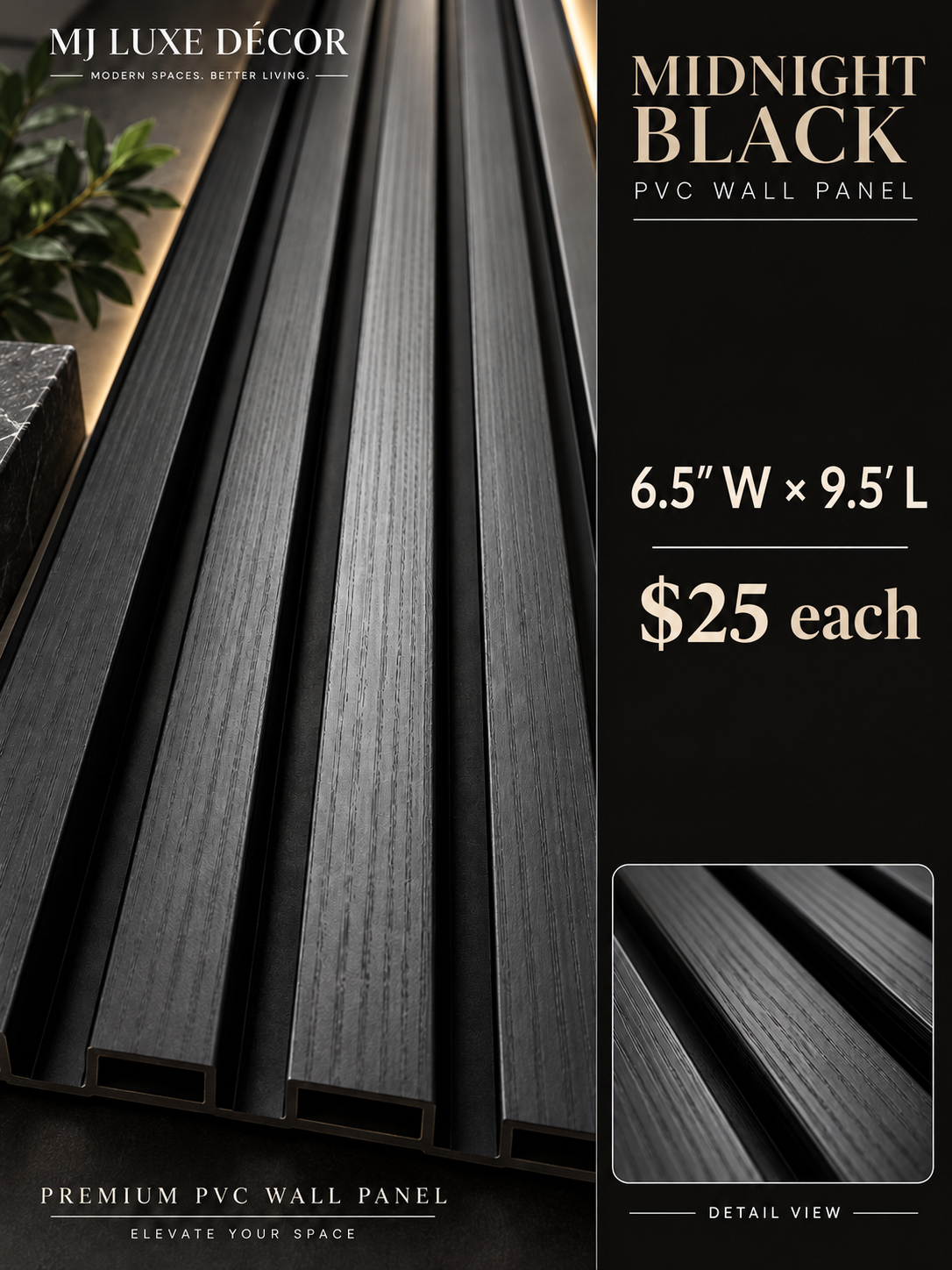 MJ Luxe Décor Midnight Black PVC Wall Panel — 6.5 inches wide × 9.5 feet long — $25 each