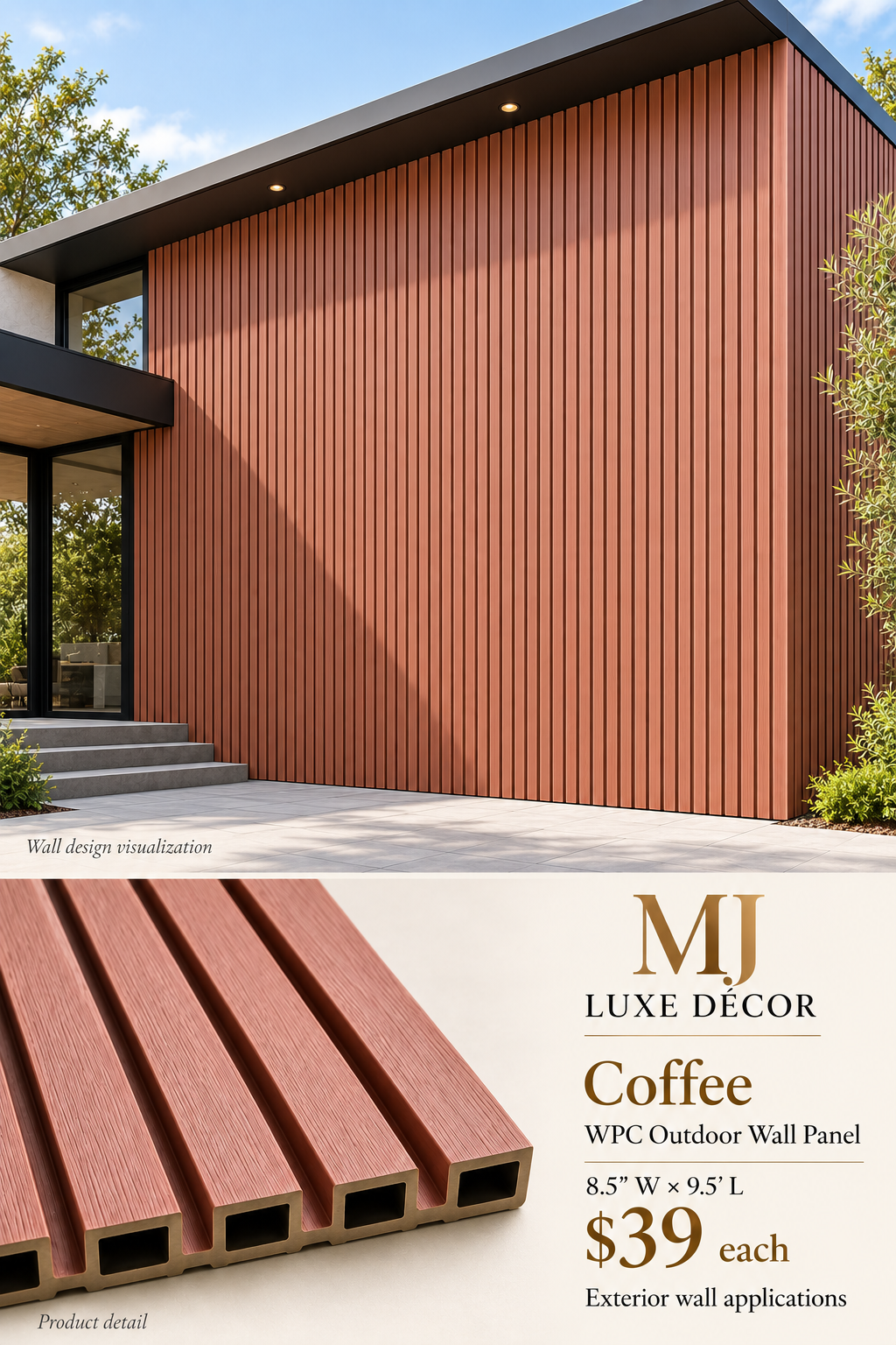 MJ Luxe Décor – Coffee WPC Outdoor Wall Panel – product detail and complete exterior wall visualization – 8.5 inches wide × 9.5 feet long – $39 each