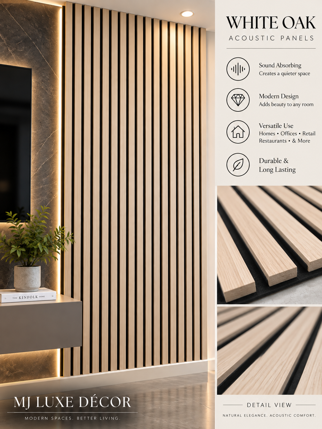MJ Luxe Décor White Oak Acoustic Panel — 8 FT, 9 FT and 10 FT