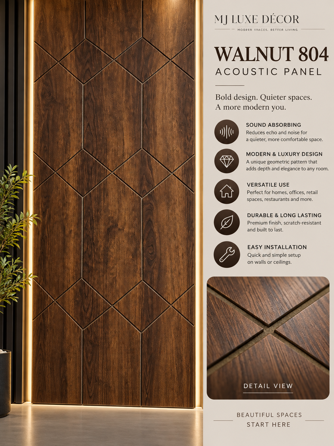 MJ Luxe Décor Walnut 804 Acoustic Panel — 9 FT