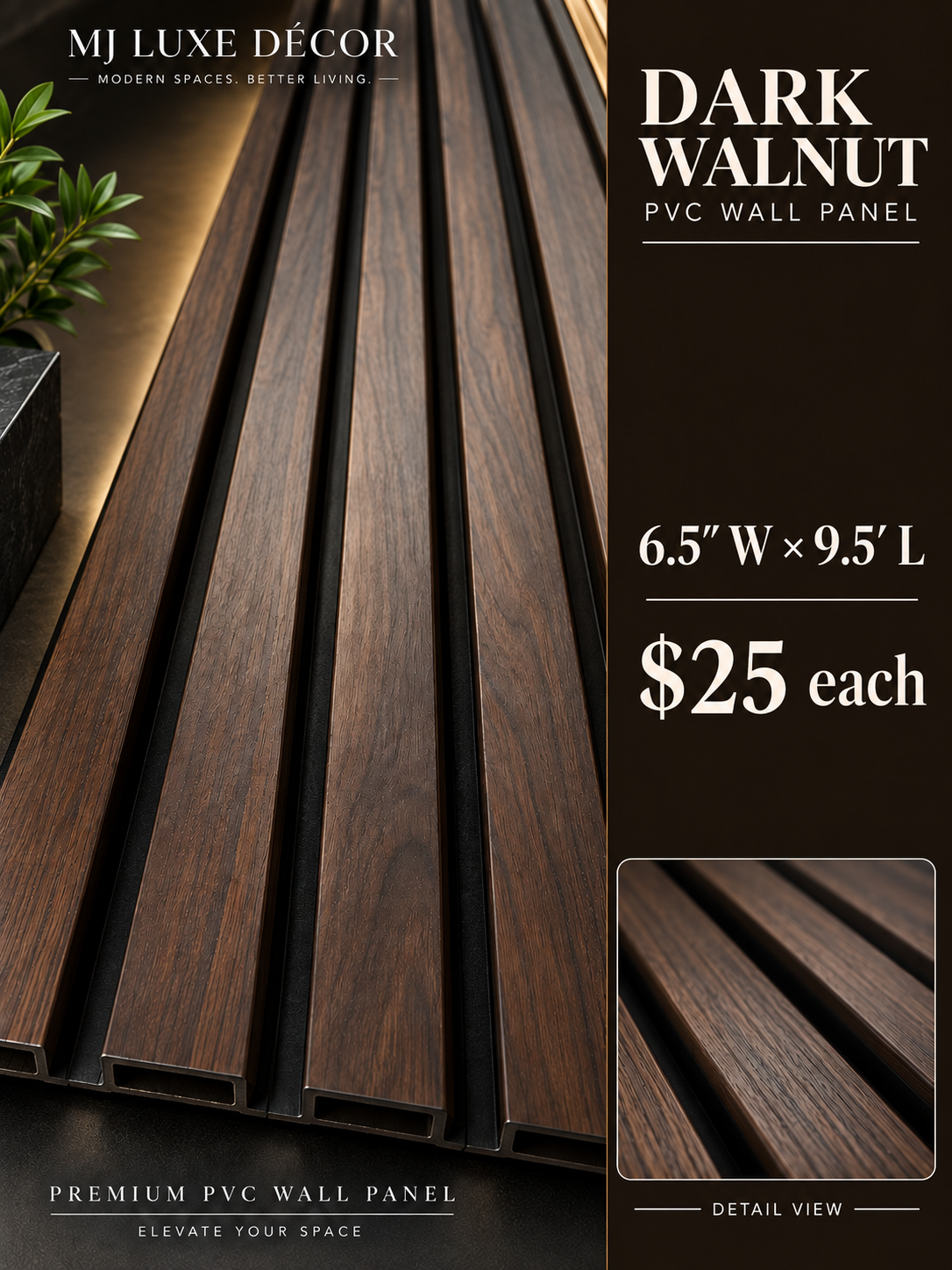 MJ Luxe Décor Dark Walnut PVC Wall Panel — 6.5 inches wide × 9.5 feet long — $25 each