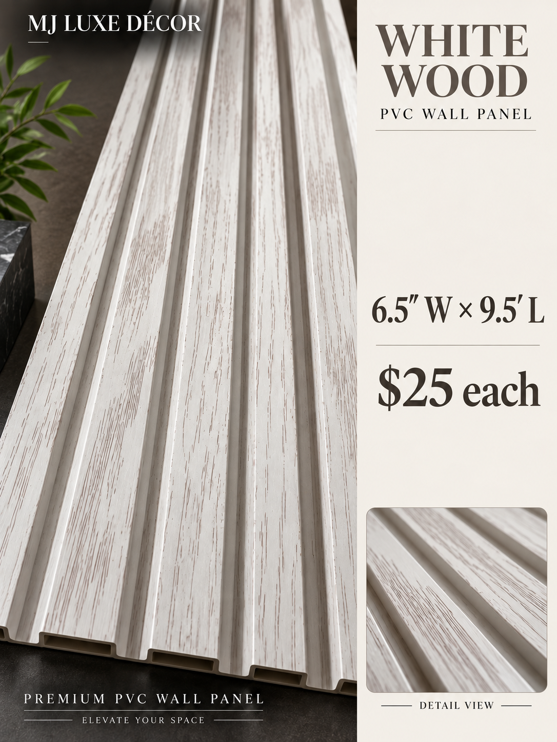 MJ Luxe Décor White Wood PVC Wall Panel — 6.5 inches wide × 9.5 feet long — $25 each