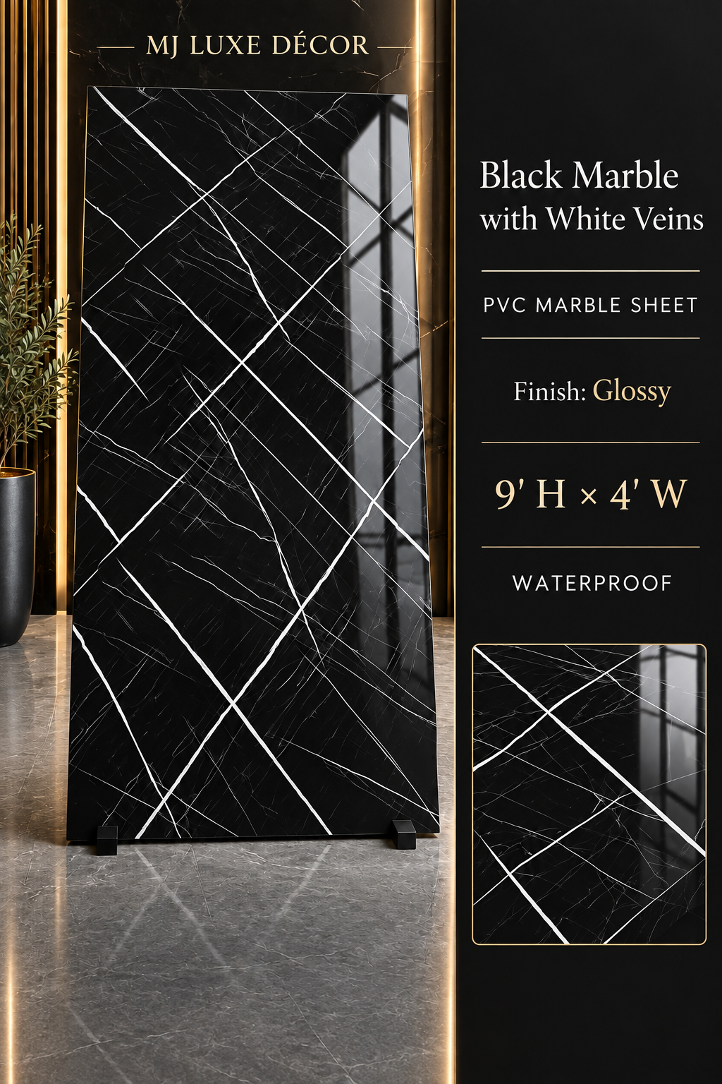 MJ Luxe Décor Black Marble with White Veins PVC Marble Sheet — Glossy finish — 9' H × 4' W — Waterproof — $120 each