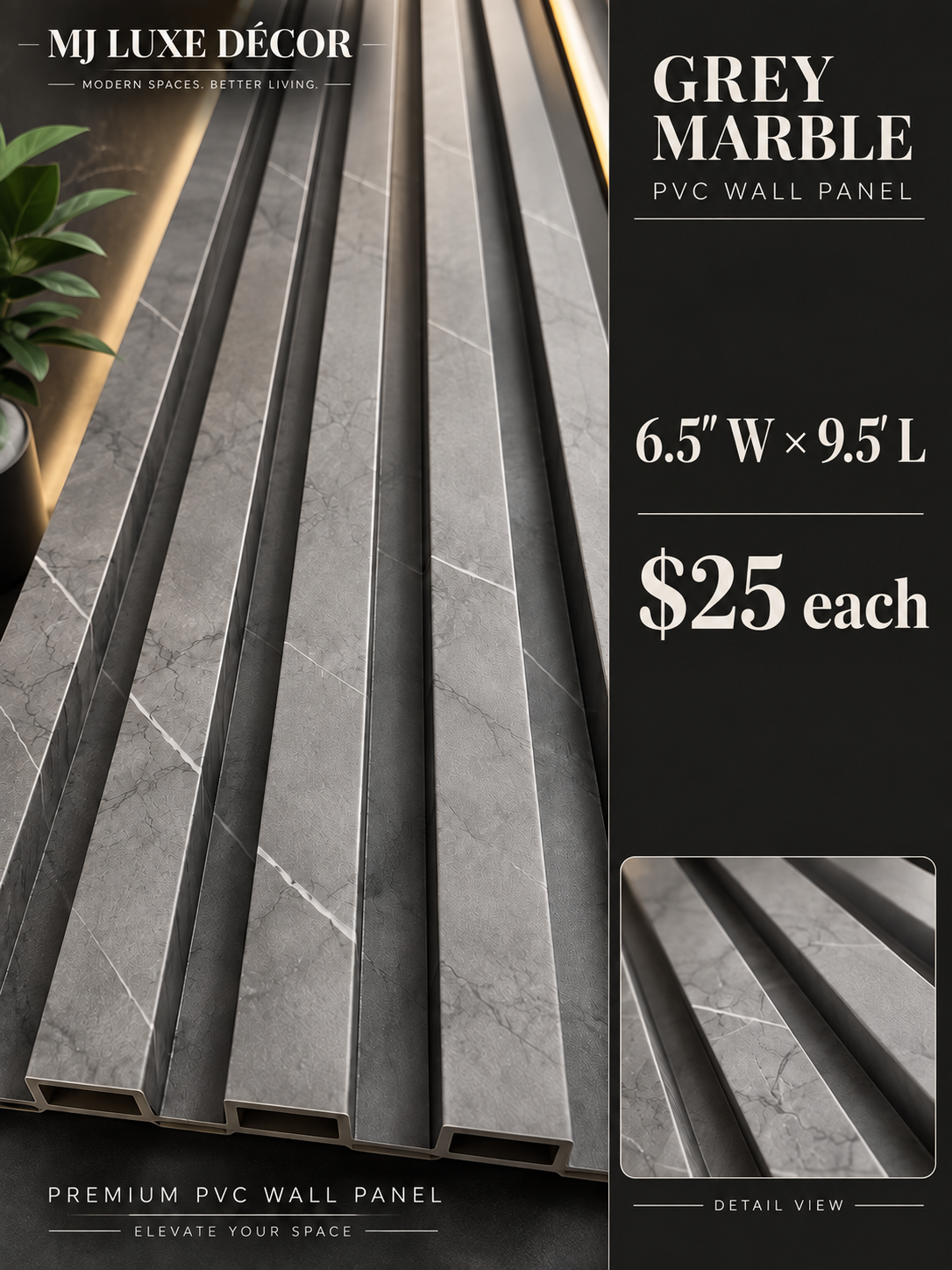 MJ Luxe Décor Grey Marble PVC Wall Panel — 6.5 inches wide × 9.5 feet long — $25 each