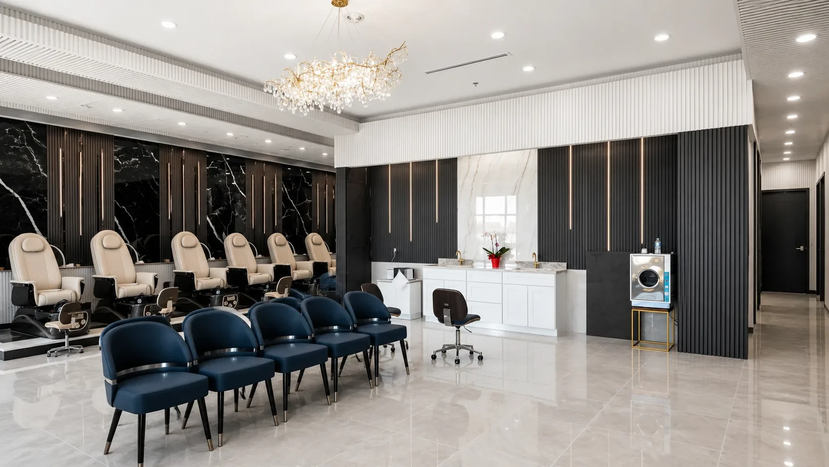 Nail salon interior with dark fluted wall panels, marble-look accents and a white reception counter