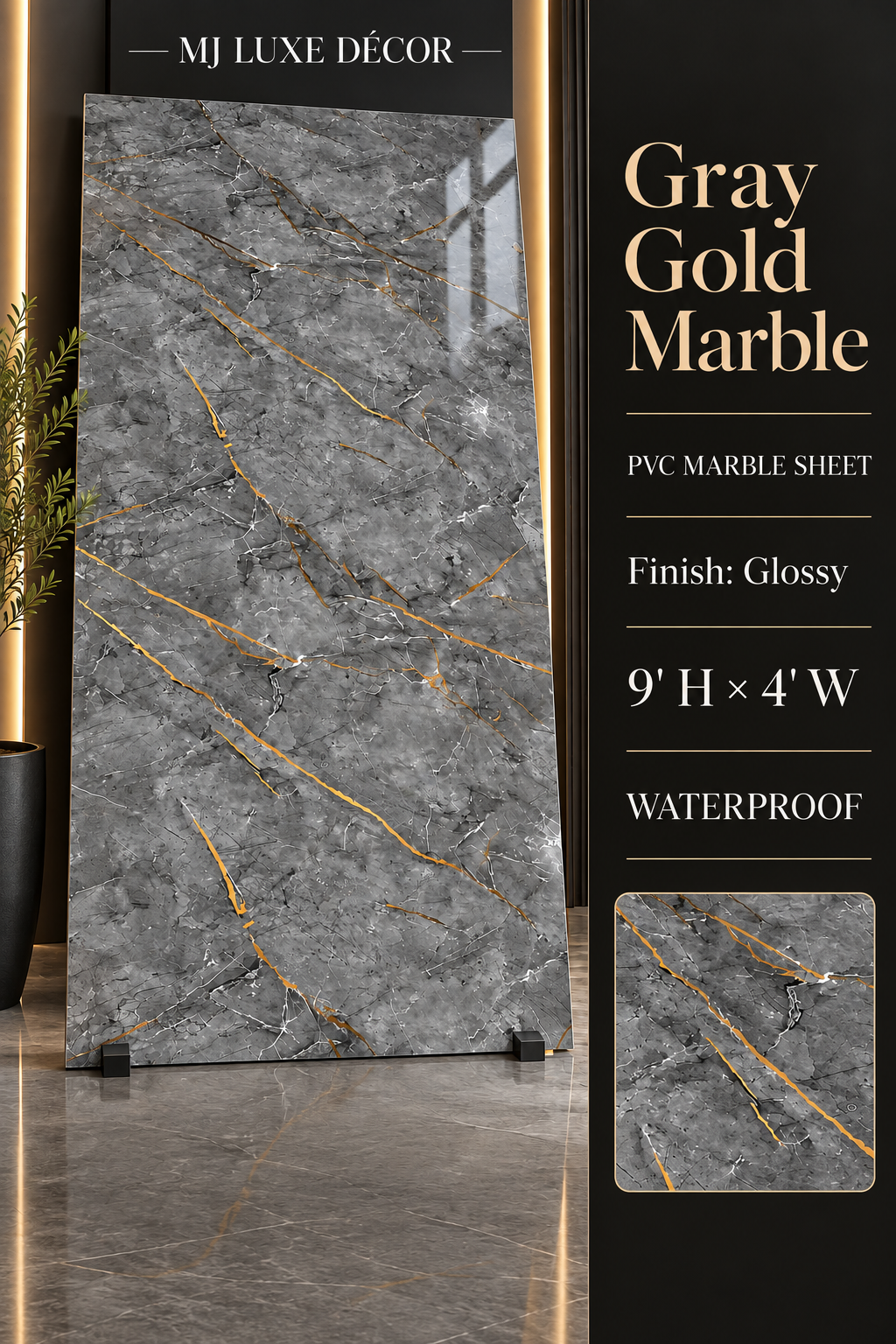 MJ Luxe Décor Gray Gold Marble PVC Marble Sheet — Glossy finish — 9' H × 4' W — Waterproof — $120 each