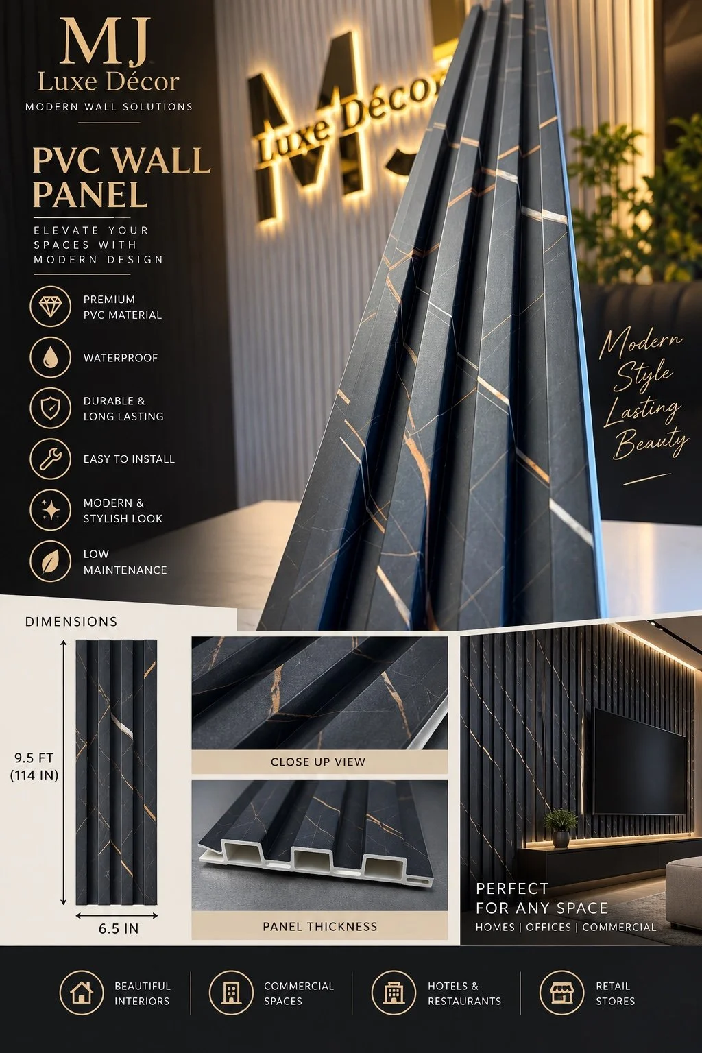 MJ Luxe Décor Black & Gold PVC Wall Panel with gold and white veining, panel detail and complete wall view — 6.5 inches wide × 9.5 feet long.