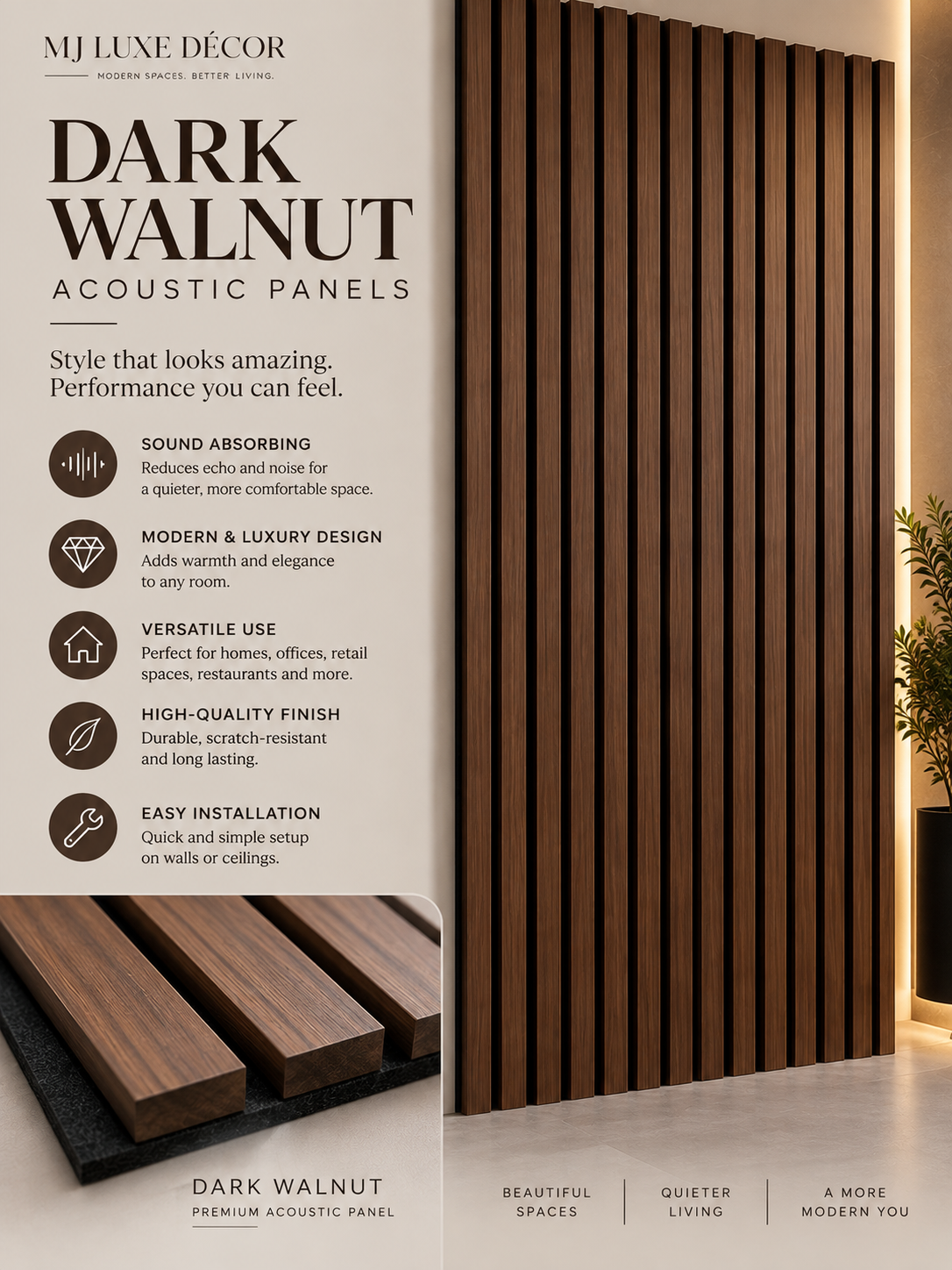 MJ Luxe Décor Dark Walnut Wood Finish Acoustic Panel — 9 FT
