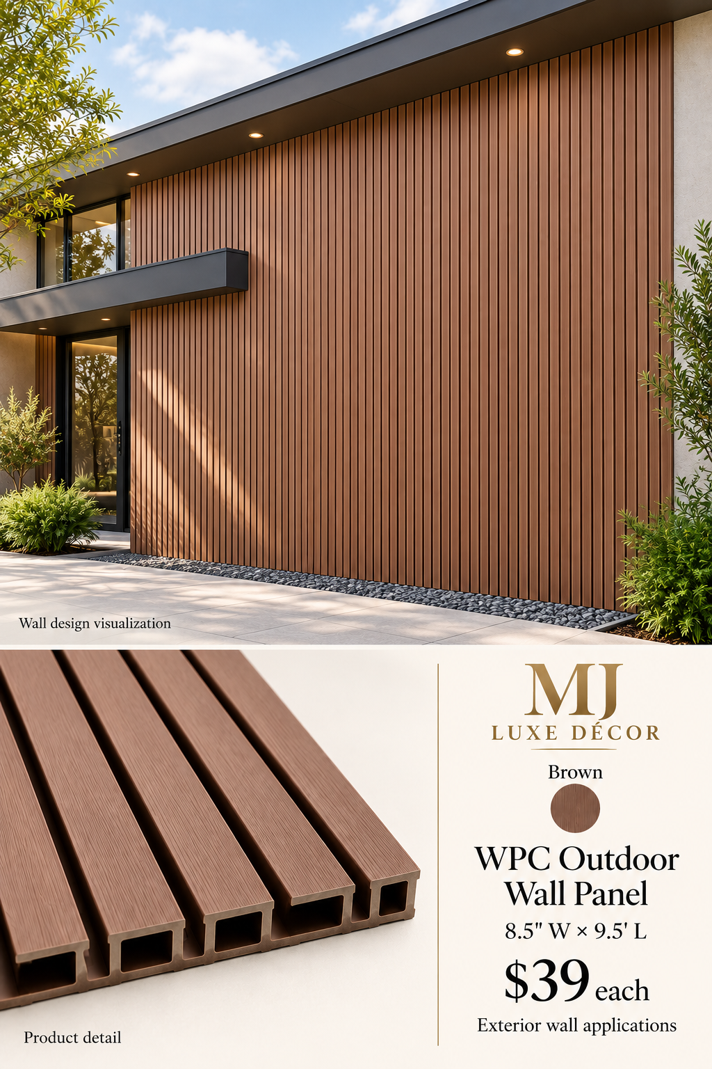 MJ Luxe Décor – Brown WPC Outdoor Wall Panel – product detail and complete exterior wall visualization – 8.5 inches wide × 9.5 feet long – $39 each