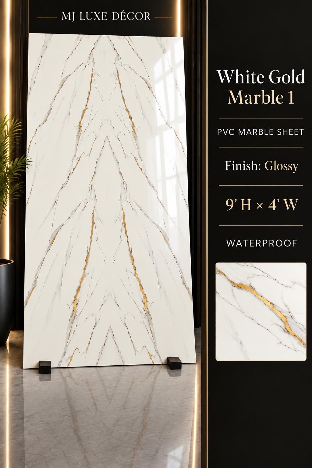 MJ Luxe Décor White Gold Marble 1 PVC Marble Sheet — Glossy finish — 9' H × 4' W — Waterproof — $120 each
