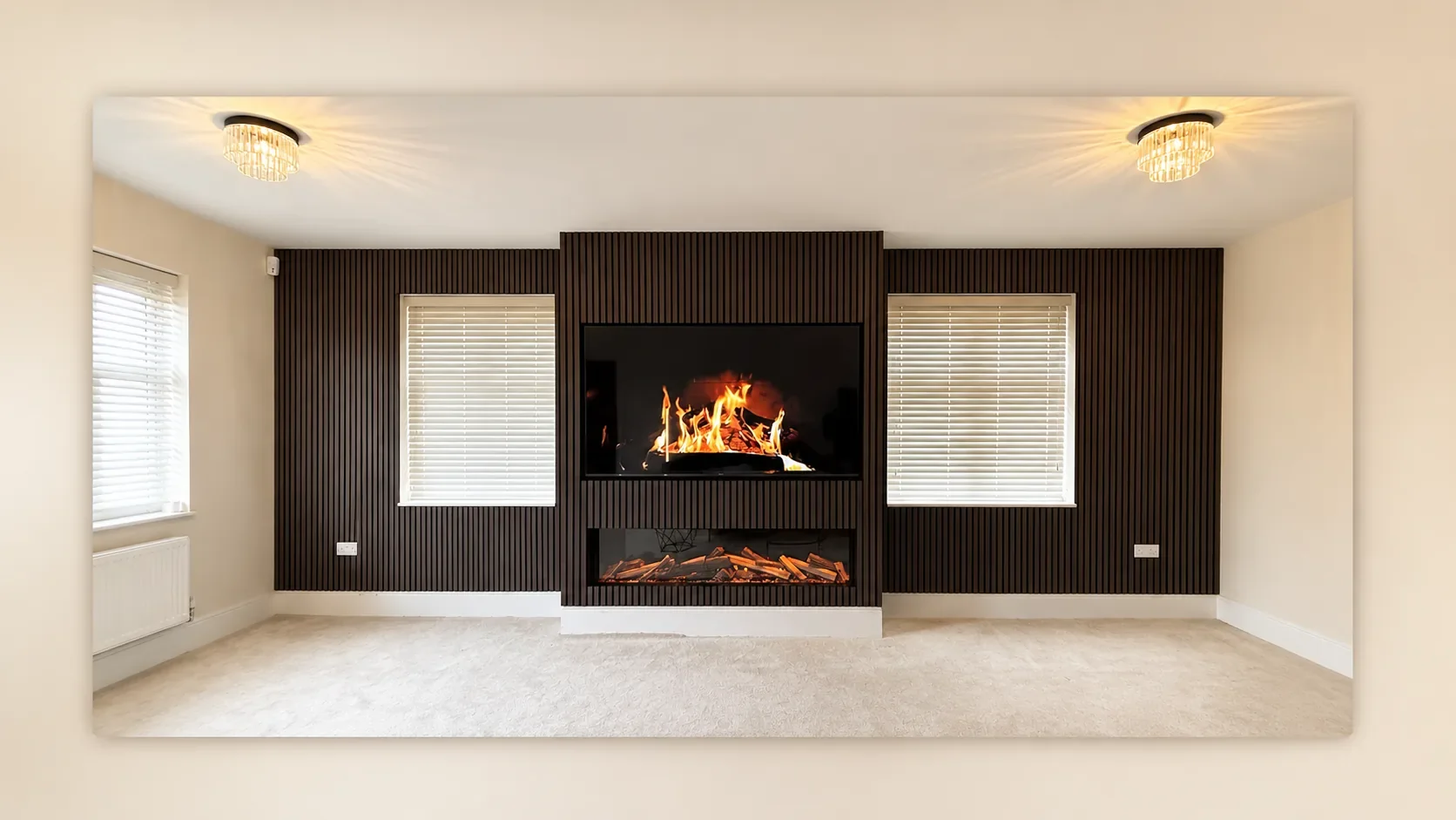 Living-room TV and linear fireplace set into a dark slat feature wall between two windows
