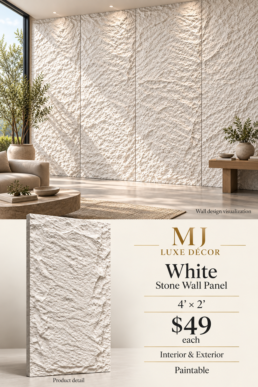 MJ Luxe Décor – White Stone Wall Panel – product detail and complete wall visualization – 4 feet × 2 feet – $49 each – Interior & Exterior – Paintable