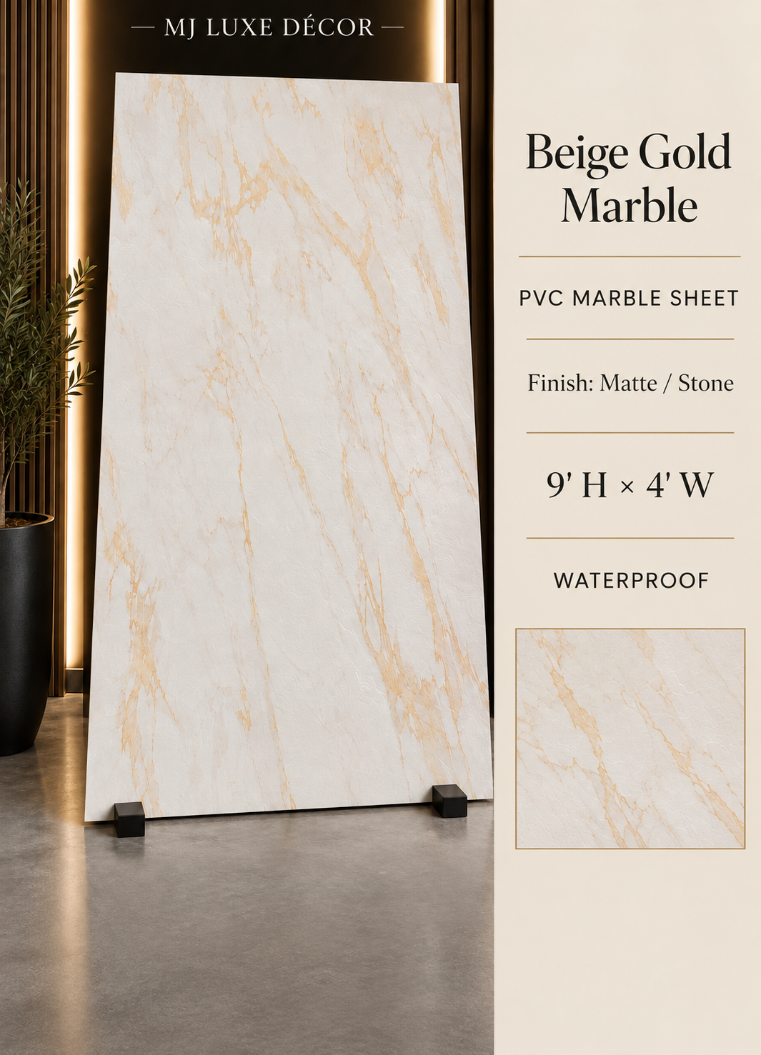 MJ Luxe Décor Beige Gold Marble PVC Marble Sheet — Matte / Stone finish — 9' H × 4' W — Waterproof — $120 each