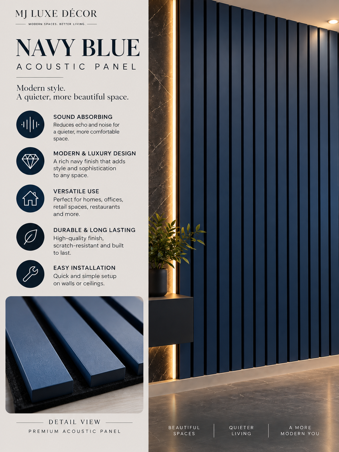 MJ Luxe Décor Navy Blue Acoustic Panel — 9 FT