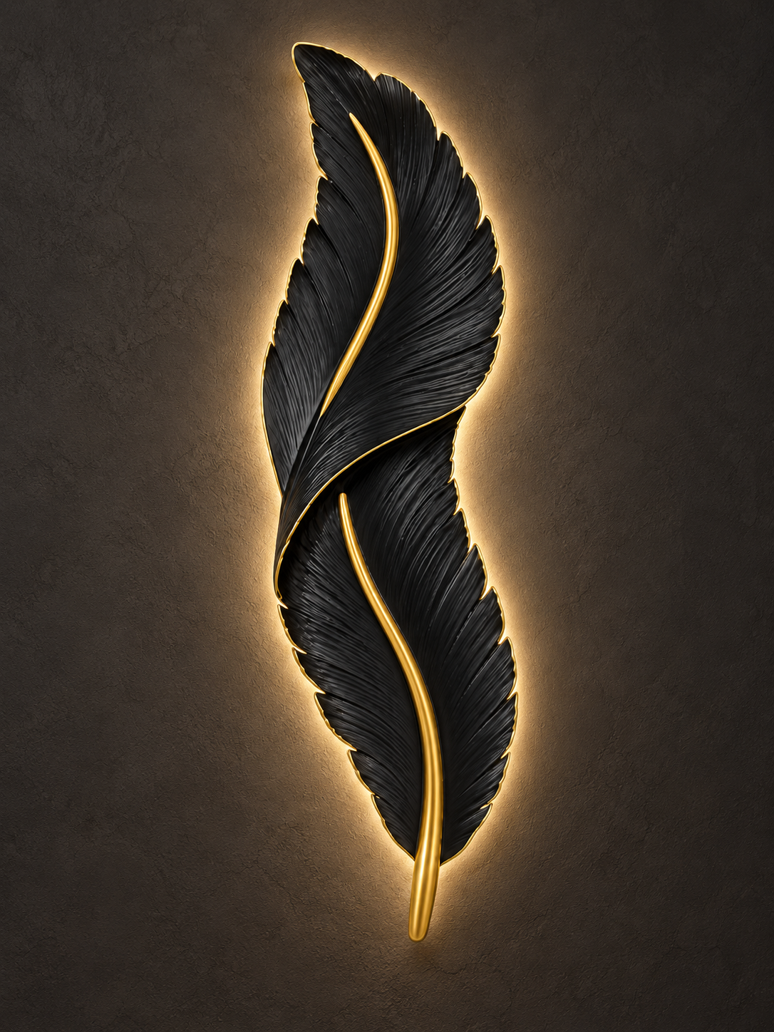 Product illustration of the black Feather Lamp with gold detailing and warm LED backlighting at MJ Luxe Décor in Raleigh