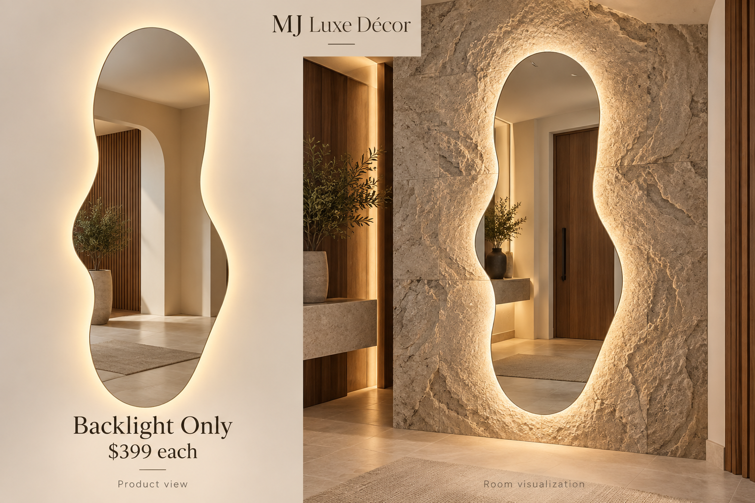 MJ Luxe Décor wave mirror with backlight only — $399 each; product view beside a complete-wall room visualization.