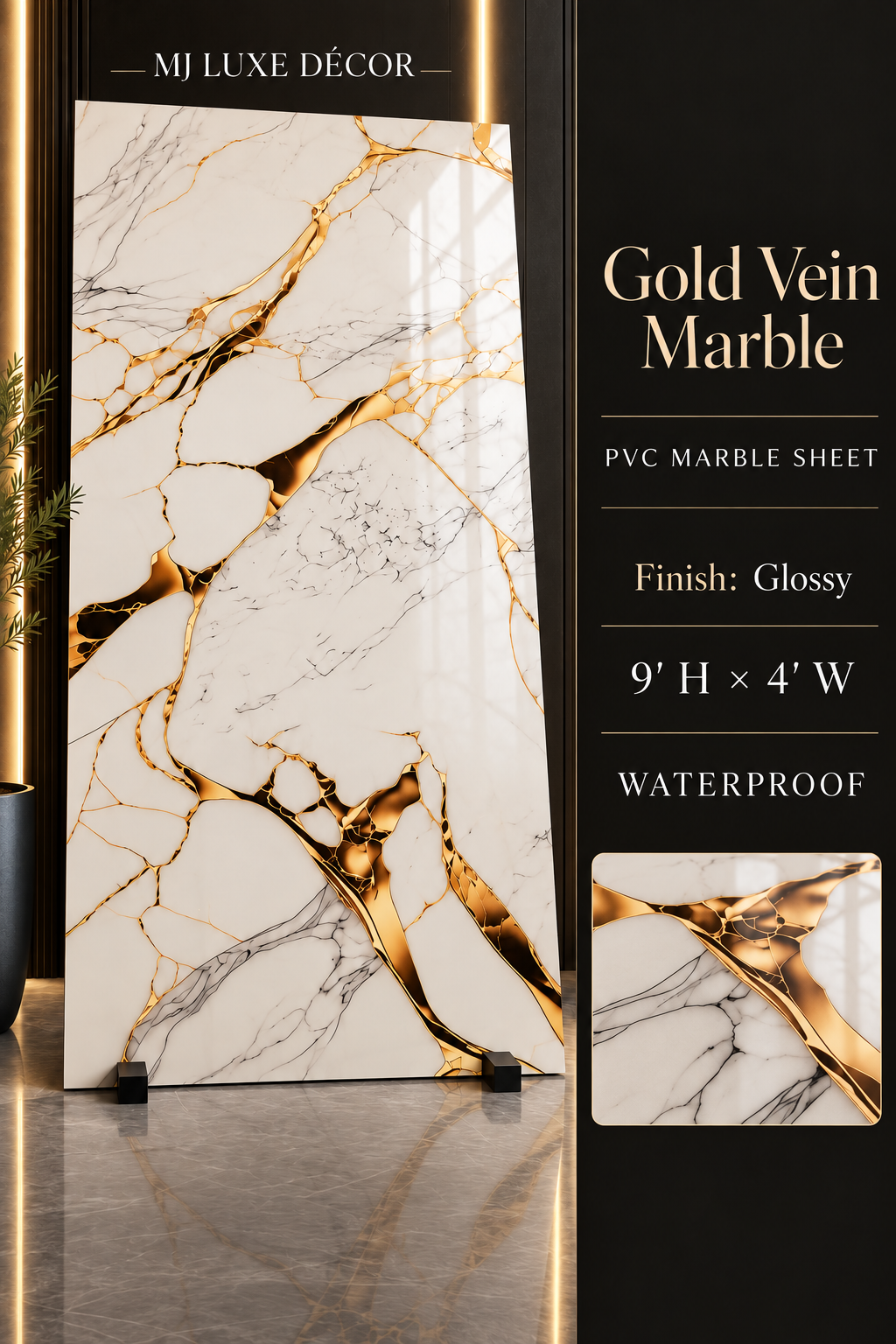 MJ Luxe Décor Gold Vein Marble PVC Marble Sheet — Glossy finish — 9' H × 4' W — Waterproof — $120 each