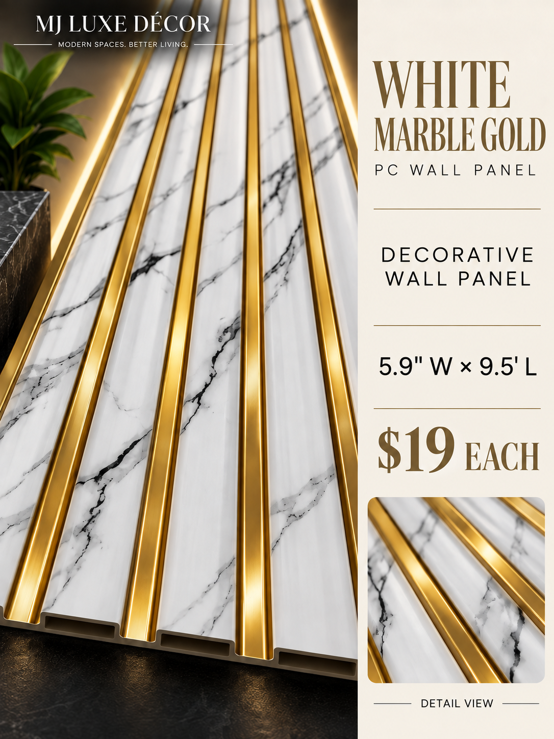 MJ Luxe Décor – White Marble Gold PC Wall Panel — 5.9 inches wide × 9.5 feet long — $19 each