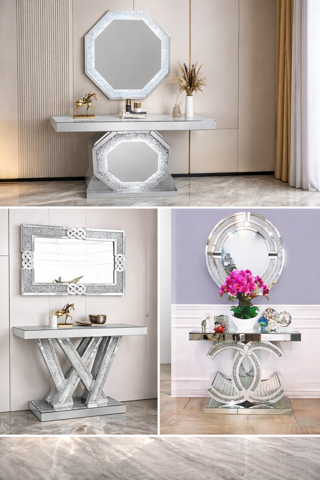 LED Mirror & Table Set – Silver Finish