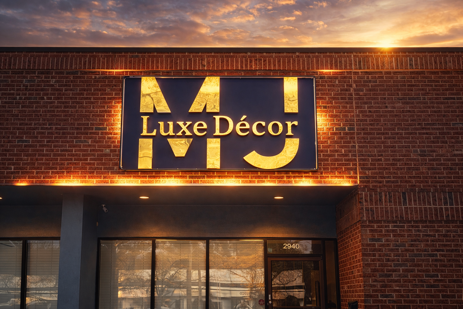 Storefront with a brick facade and illuminated sign for 'Luxe Décor' at sunset.