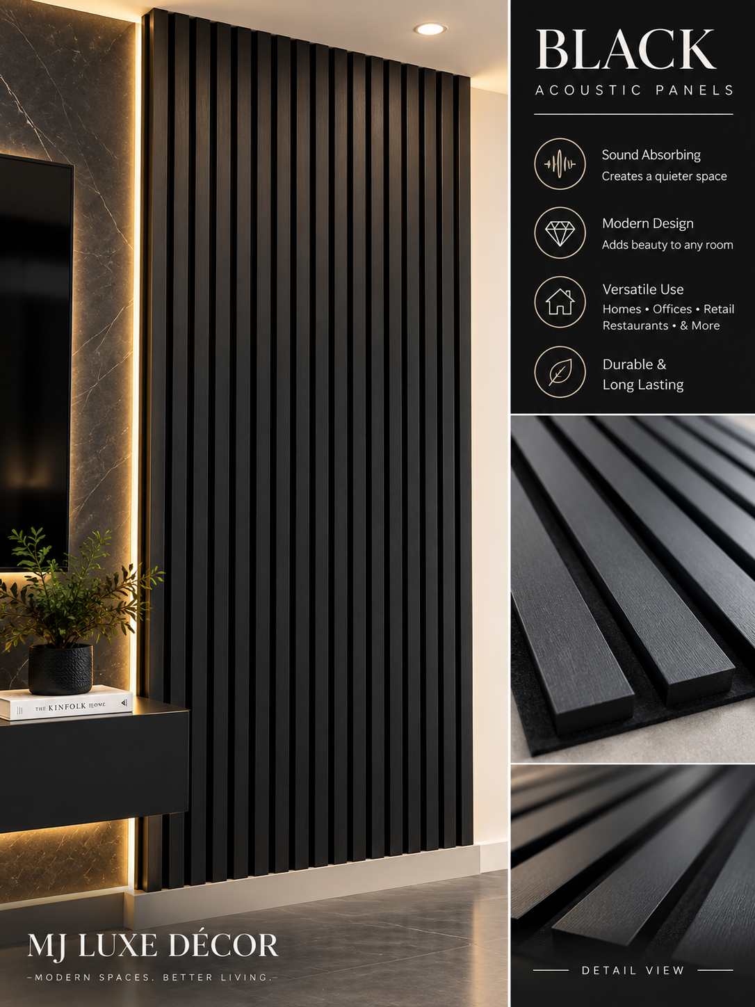 MJ Luxe Décor Black Acoustic Panel — 8 FT, 9 FT and 10 FT