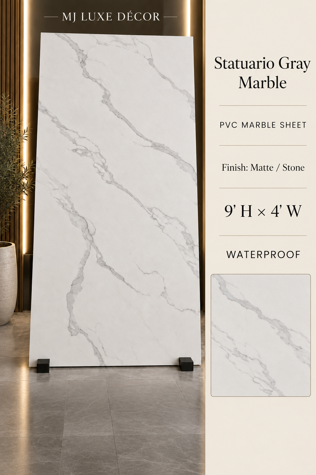 MJ Luxe Décor Statuario Gray Marble PVC Marble Sheet — Matte / Stone finish — 9' H × 4' W — Waterproof — $120 each