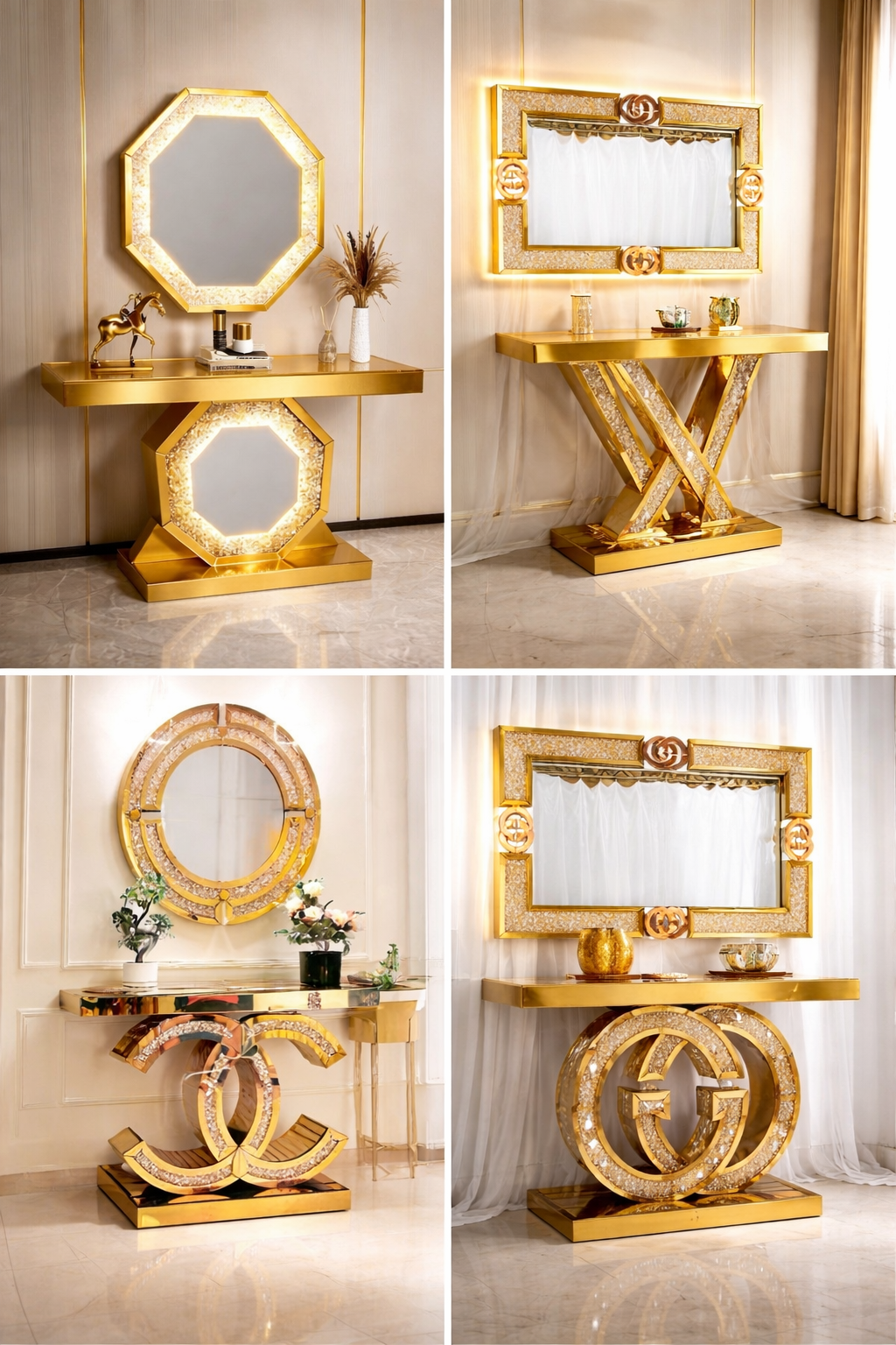 LED Mirror &  Table Set – Gold Finish