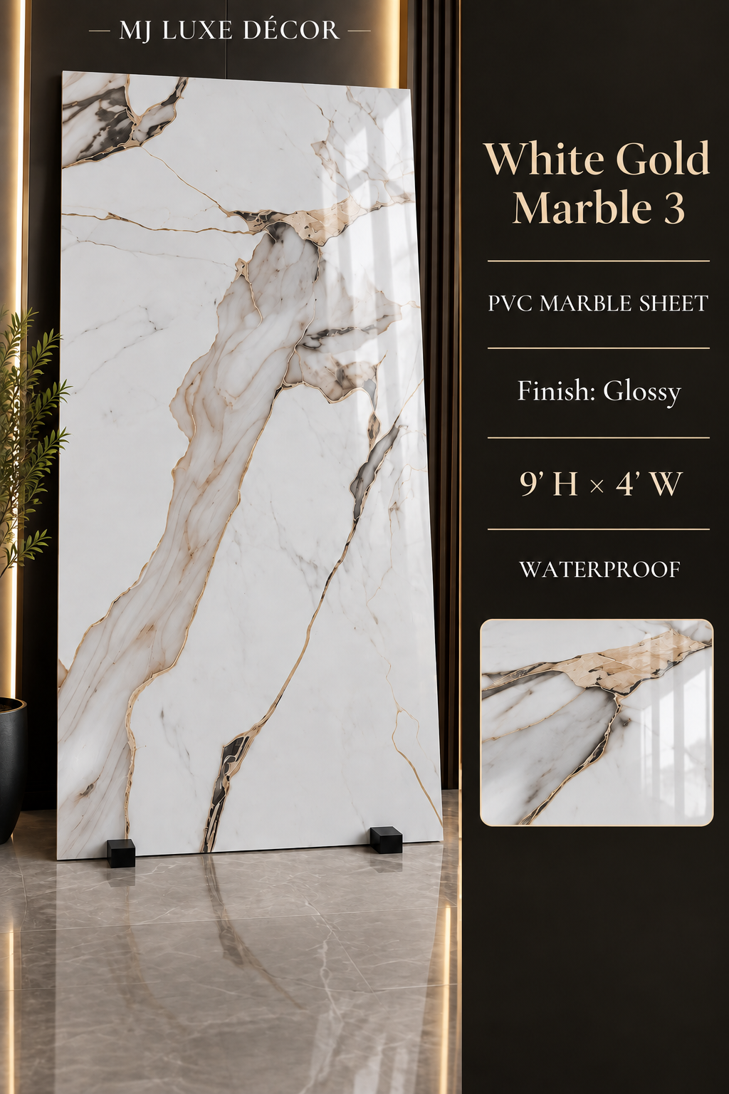 MJ Luxe Décor White Gold Marble 3 PVC Marble Sheet — Glossy finish — 9' H × 4' W — Waterproof — $120 each