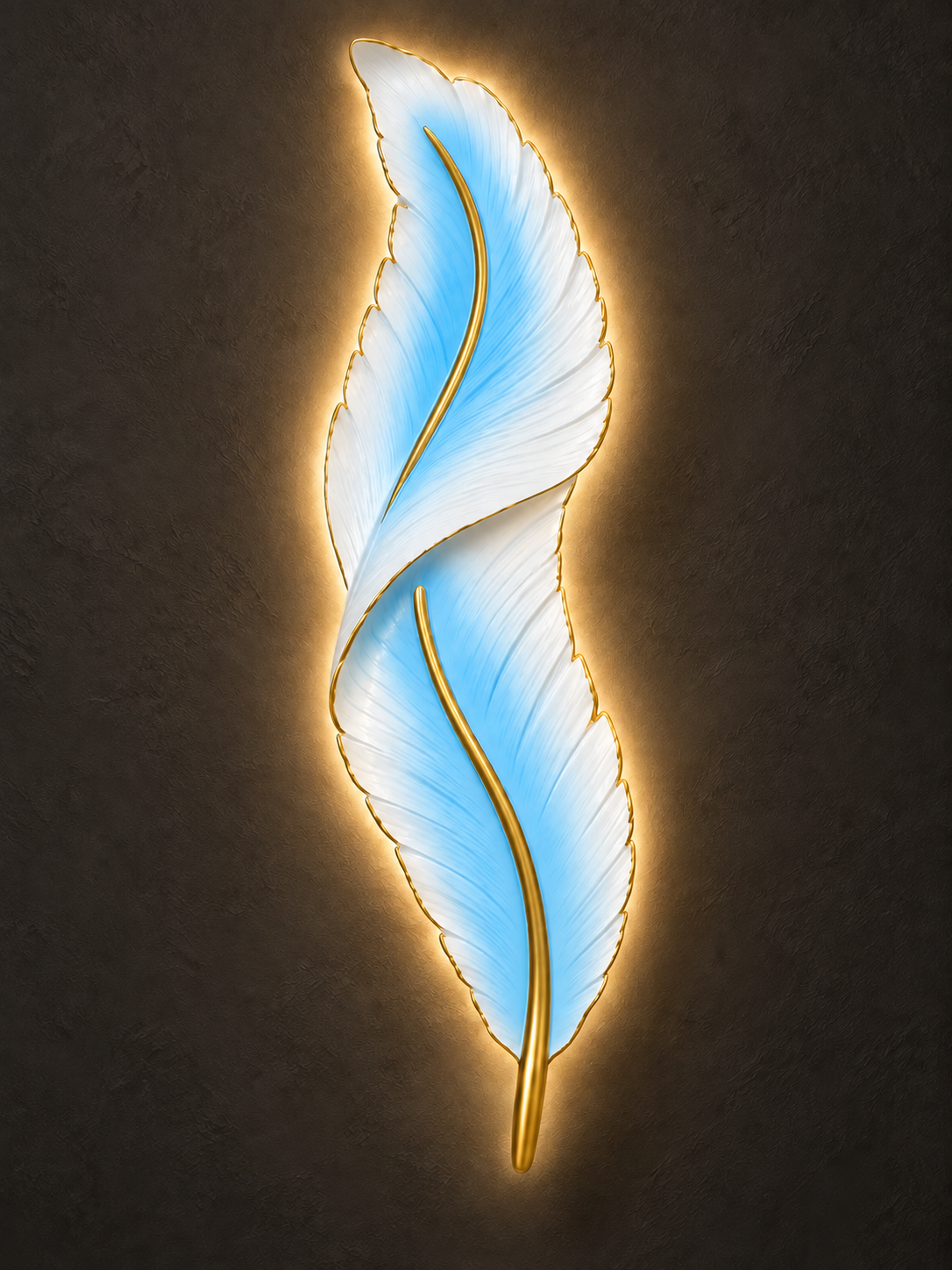 Product illustration of the blue Feather Lamp with gold detailing and warm LED backlighting at MJ Luxe Décor in Raleigh