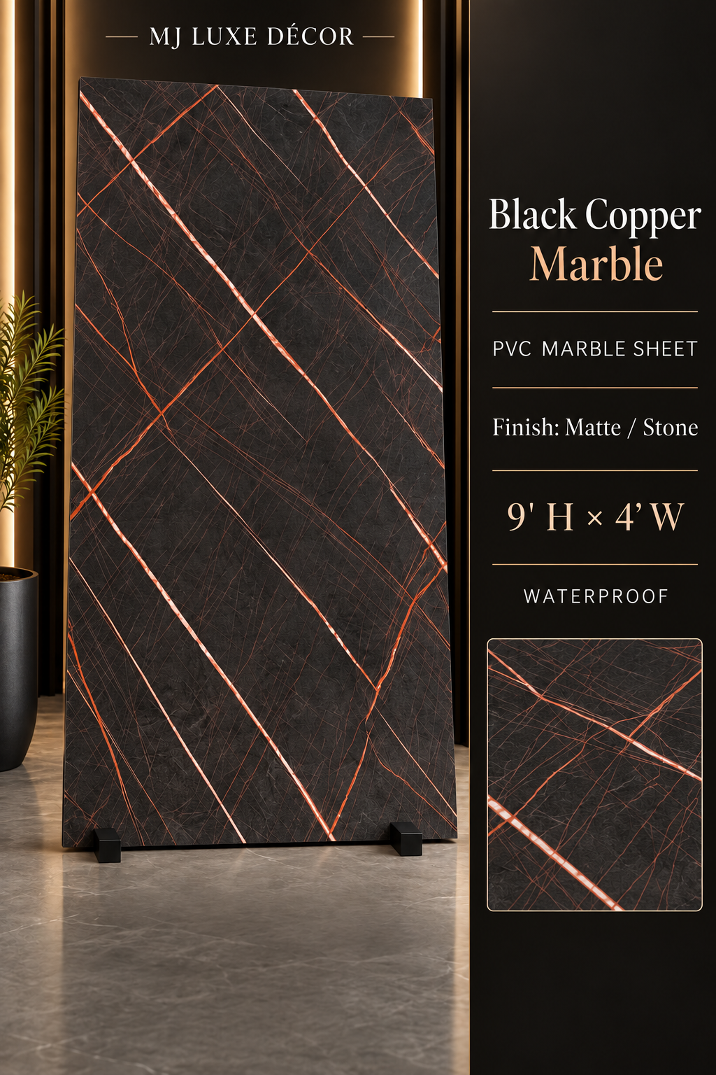MJ Luxe Décor Black Copper Marble PVC Marble Sheet — Matte / Stone finish — 9' H × 4' W — Waterproof — $120 each