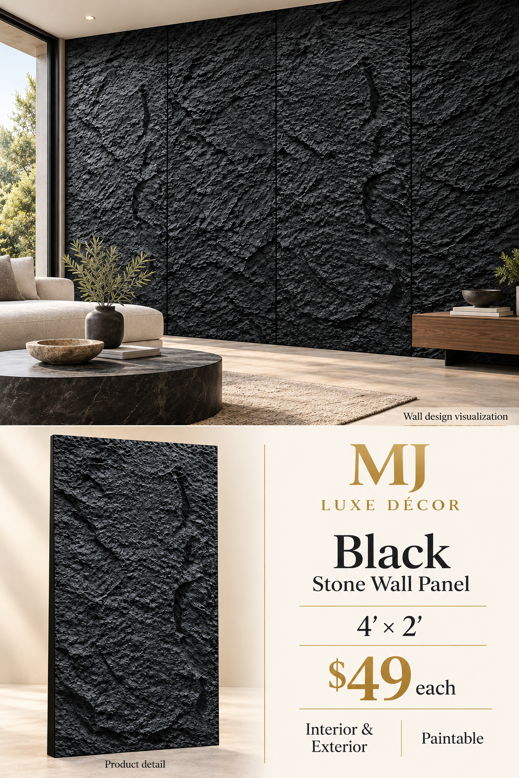 MJ Luxe Décor – Black Stone Wall Panel – product detail and complete wall visualization – 4 feet × 2 feet – $49 each – Interior & Exterior – Paintable