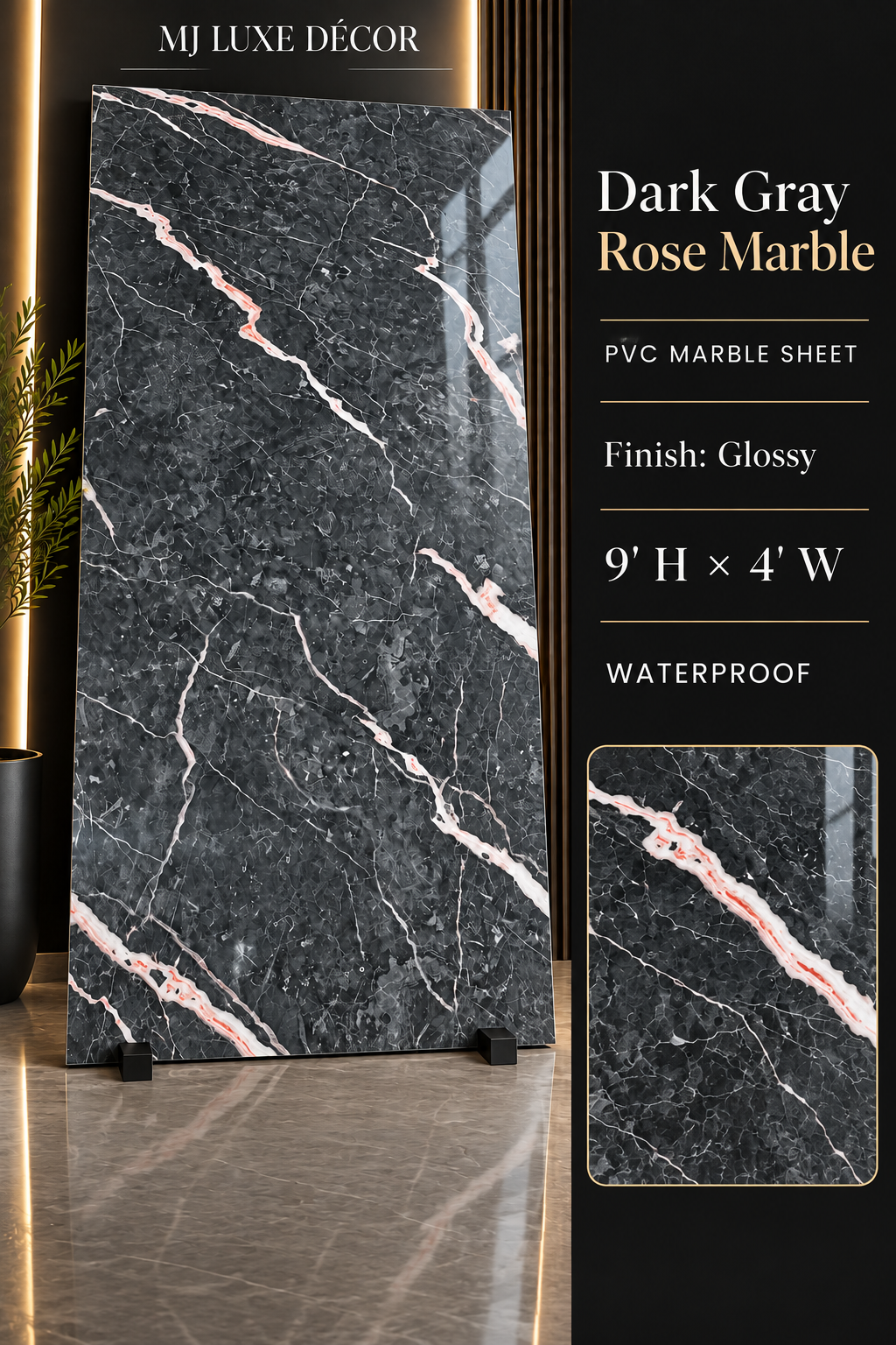 MJ Luxe Décor Dark Gray Rose Marble PVC Marble Sheet — Glossy finish — 9' H × 4' W — Waterproof — $120 each