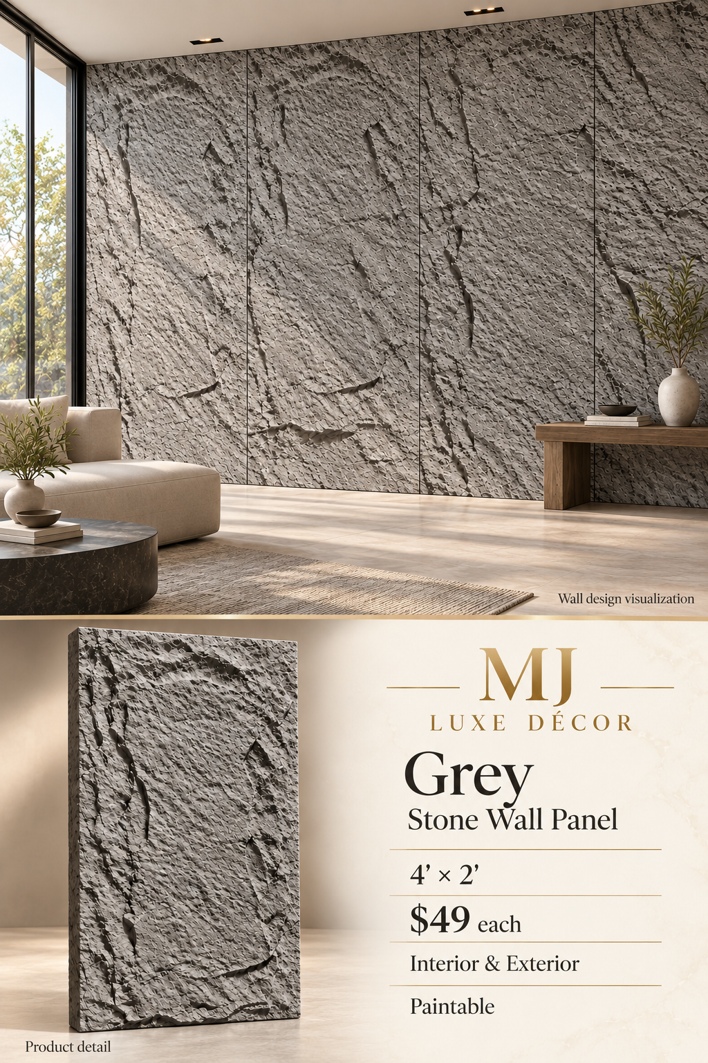 MJ Luxe Décor – Grey Stone Wall Panel – product detail and complete wall visualization – 4 feet × 2 feet – $49 each – Interior & Exterior – Paintable