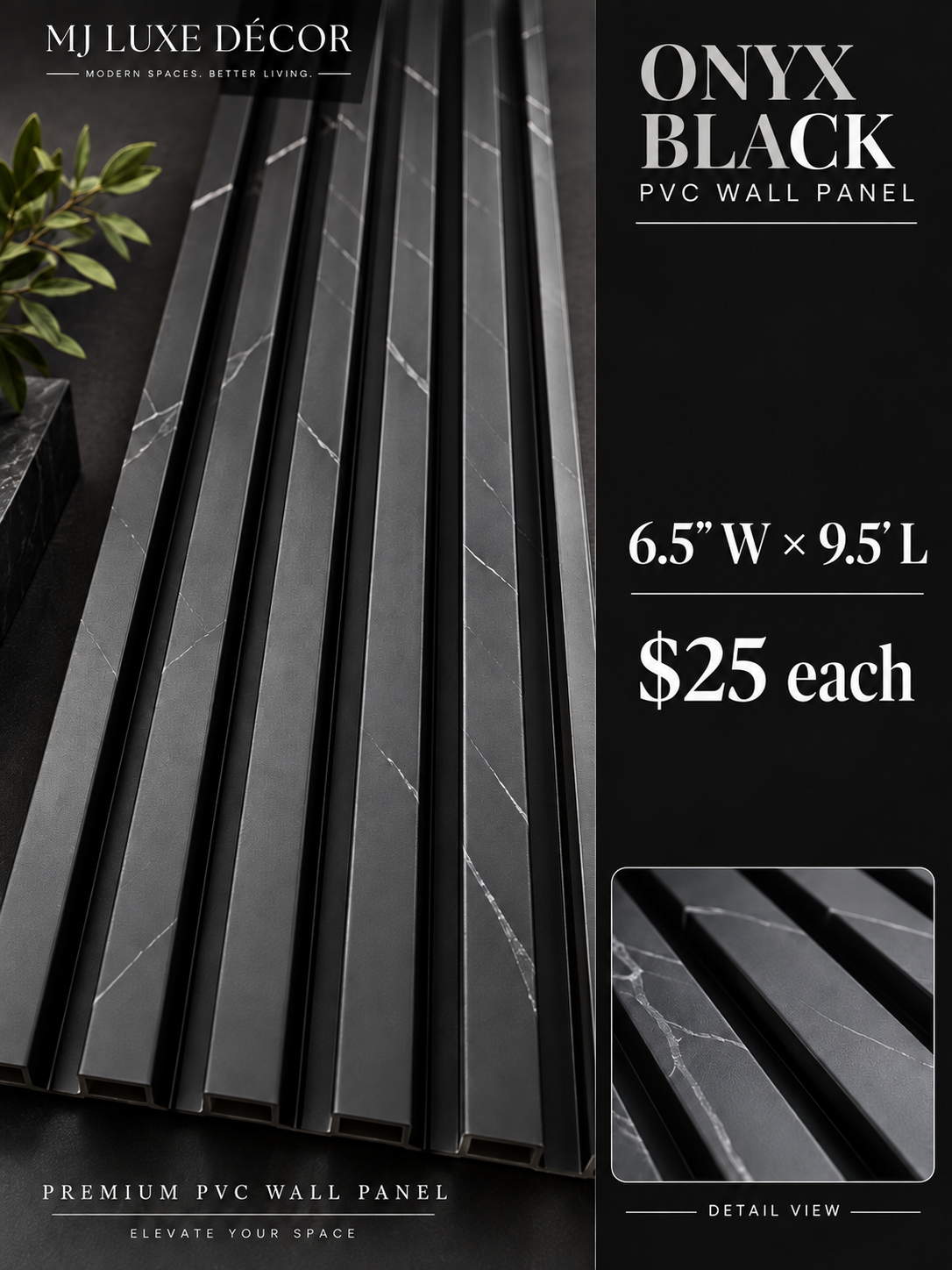 MJ Luxe Décor Onyx Black PVC Wall Panel — 6.5 inches wide × 9.5 feet long — $25 each