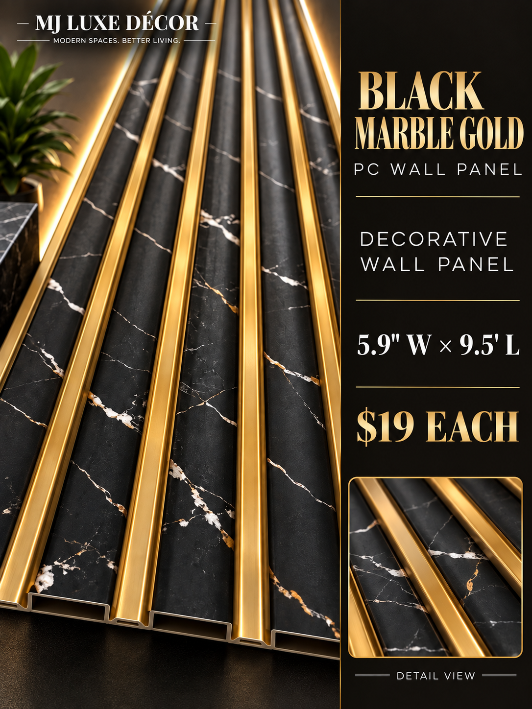 MJ Luxe Décor – Black Marble Gold PC Wall Panel — 5.9 inches wide × 9.5 feet long — $19 each