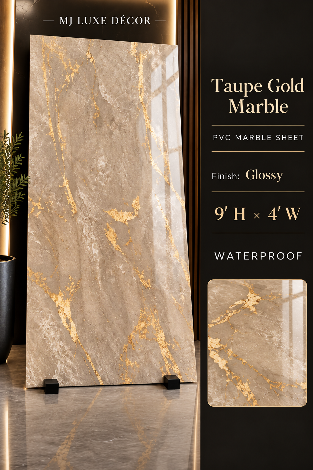 MJ Luxe Décor Taupe Gold Marble PVC Marble Sheet — Glossy finish — 9' H × 4' W — Waterproof — $120 each