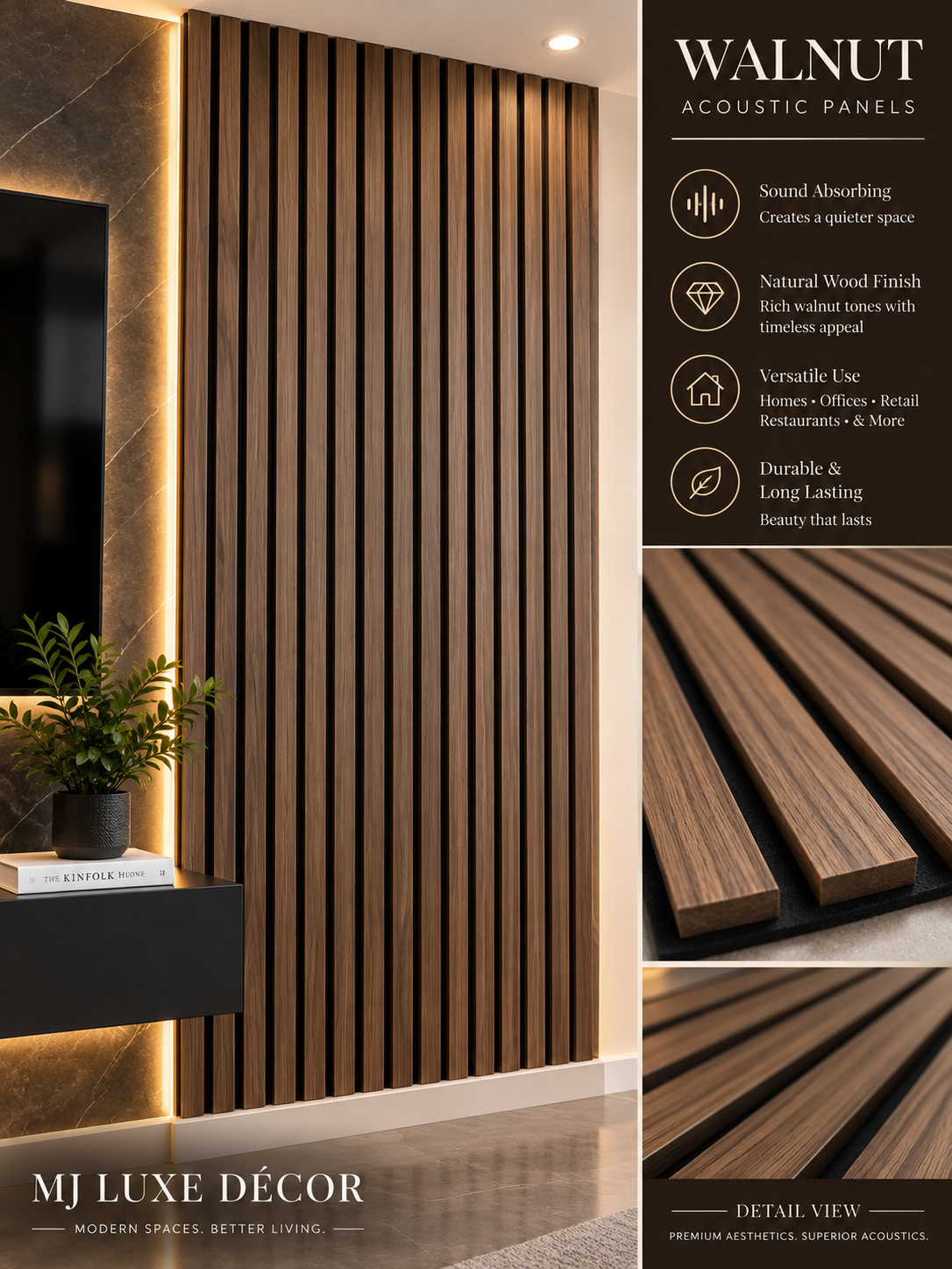 MJ Luxe Décor Walnut Acoustic Panel — 8 FT, 9 FT and 10 FT