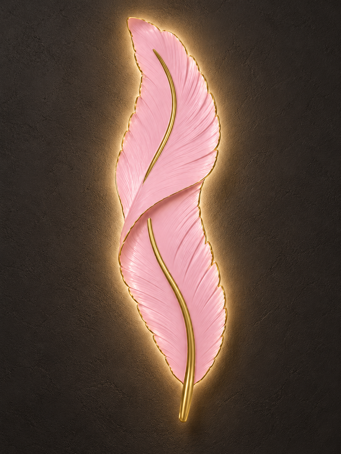 Product illustration of the pink Feather Lamp with gold detailing and warm LED backlighting at MJ Luxe Décor in Raleigh