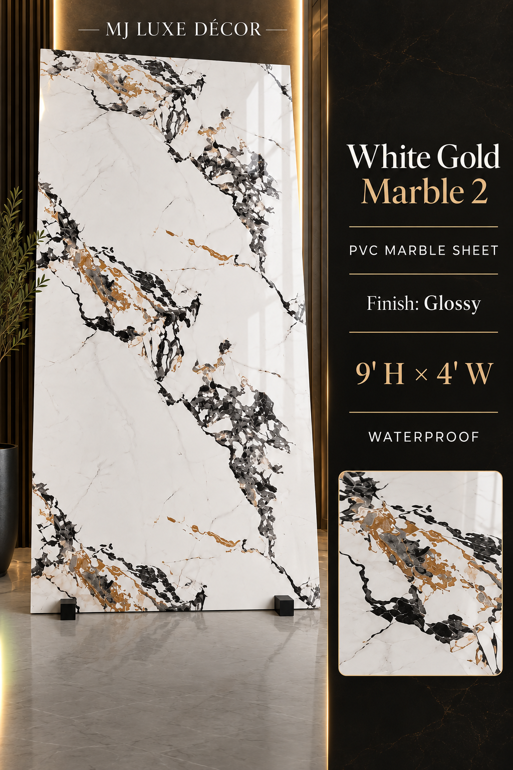 MJ Luxe Décor White Gold Marble 2 PVC Marble Sheet — Glossy finish — 9' H × 4' W — Waterproof — $120 each